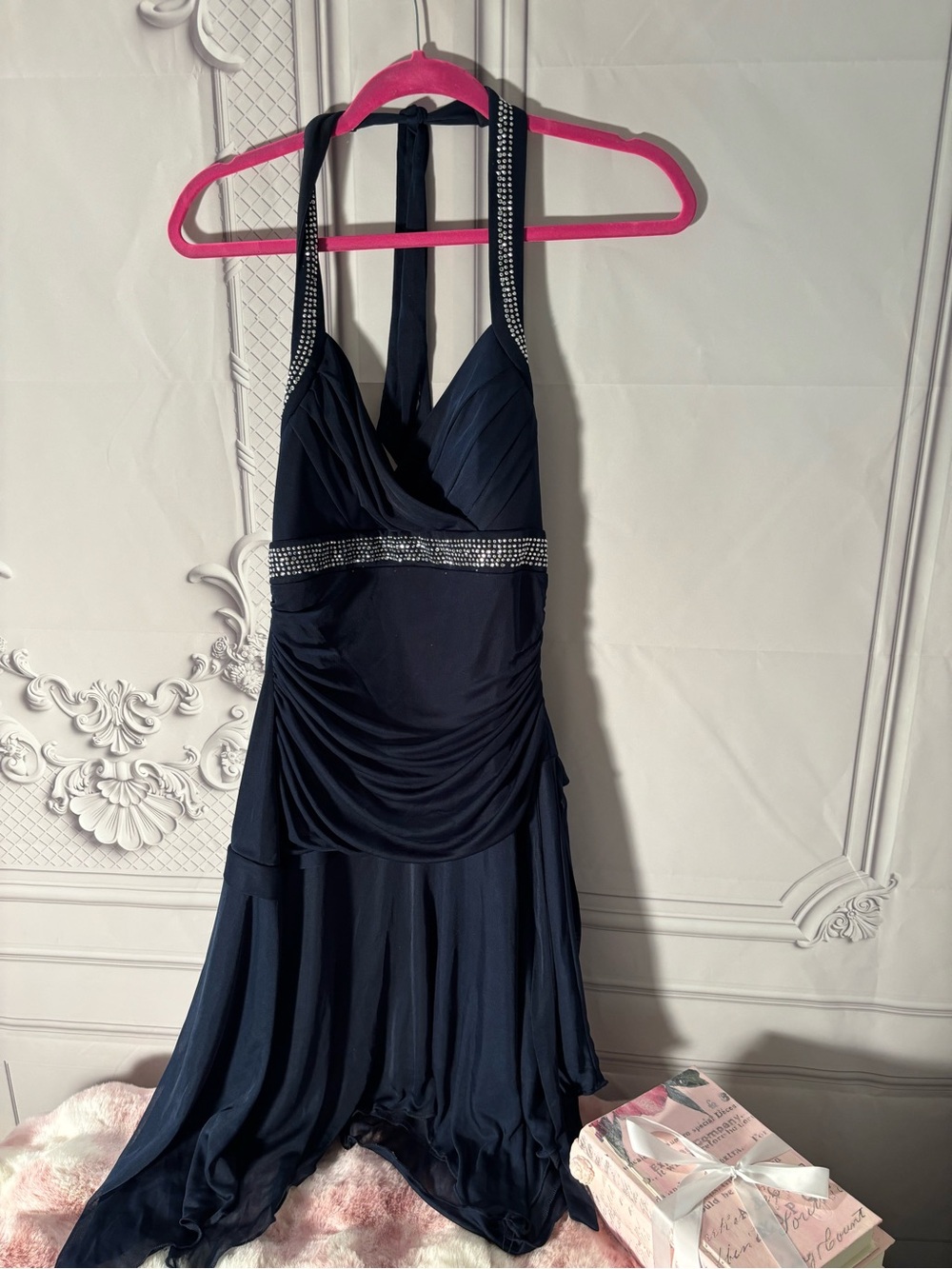 Trixxi Navy Blue Halter Dress with Rhinestone Accents Cocktail DressSize Medium